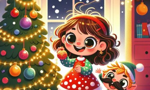 Ein kleines Mädchen von 2 Jahren mit großen, glänzenden Augen und lockigem, kastanienbraunem Haar lächelt fröhlich, während es eine funkelnde Weihnachtskugel in den Händen hält. Es trägt ein rotes Kleid mit weißen Punkten und gestreifte Socken. Neben ihr lacht ein schelmischer Elf mit einem großen Schnurrbart und einer kleinen, glitzernden grünen Jacke, während er bunte Girlanden in die Luft wirft. Die Szene spielt sich in einem gemütlichen Wohnzimmer ab, das mit einem großen, beleuchteten Weihnachtsbaum dekoriert ist, der mit bunten Kugeln und glitzernden Girlanden geschmückt ist. Draußen fallen sanft Schneeflocken, die durch ein mit Lichtern geschmücktes Fenster sichtbar sind. Das Mädchen und der Elf haben Spaß beim Schmücken des Baumes, lachen und singen Weihnachtslieder und schaffen eine fröhliche, festliche Atmosphäre.