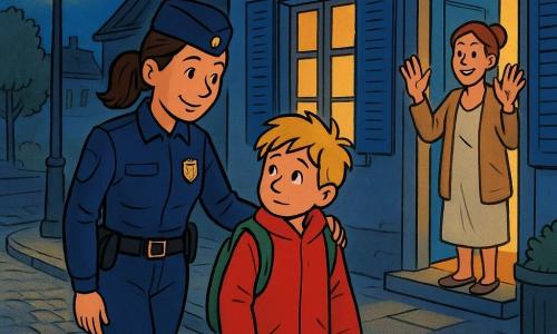 Vrouw — Noor, politieagente, glimlachend geruststellend gezicht, zachte zelfverzekerde uitdrukking, bruin haar in paardenstaart, net blauw uniform met glanzend badge; ze loopt naast een jongen en houdt lichtjes zijn schouder vast om hem gerust te stellen. Jongen — Sam, ca. 8 jaar, blonde warrige haren, te grote rode jas, verlegen maar opgeluchte blik; met grote groene rugzak loopt hij met Noor naar de deur van zijn huis. Volwassene — Sams moeder, ca. 35 jaar, lichtbruin haar in knot, nachtgoed met vest, staand in de deuropening, handen opgeheven in dankbaar groet, opgeluchte glimlach. Locatie — woonstraat ’s nachts, natte kasseien die licht reflecteren, zachte gele lantaarns, huis met blauwe luiken en donkere speelgoedwinkelramen met kleurrijke posters, klein boompje en vuilnisbak op de hoek. Hoofdsituatie — warme geruststellende scène van een agente die een verdwaald jongetje thuisbrengt; compositie gericht op beschermende aanraking, warm lantaarnlicht tegen nachtblauwe lucht, rustige veilige sfeer. Grafische stijl — duidelijke lijnen, verzadigde maar zachte kleuren, eenvoudige schaduwen, overdreven leesbare kinderexpressies, licht vogelvluchtperspectief om de personages te benadrukken.