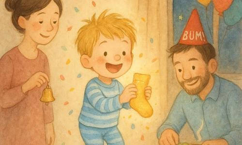 Czteroletni chłopiec, radosny i zachwycony, z blond, potarganymi włosami, w niebieskim pasiastym piżamie trzyma błyszczącą skarpetę świecącą bladopomarańczowym światłem i podskakuje na palcach; po lewej stojąca uśmiechnięta, łagodna matka około 30 lat, włosy związane w kok, trzyma mały złoty dzwoneczek na parapecie przy stole; za stołem stoi ojciec około 32 lat, rozbawiony, z lekką brodą, w czerwonej czapeczce „Bum!”, poprawiający talerz z winogronami; przytulny salon z kremowymi ścianami, kolorowymi girlandami i balonami, mały drewniany stolik z parującym kakao i talerzem zielonych winogron, półotwarta zasłona przepuszczająca wieczorne gwiazdy; wielobarwne konfetti delikatnie pada; ogólne wrażenie łagodnego podekscytowania i rodzinnego świętowania przed północą, intymna, pocieszająca scena w pastelowych akwarelowych tonach, lekkich fakturach i delikatnych kreskach.