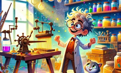 Teobaldo, um homem com cabelo desgrenhado e óculos redondos, está em pé em seu laboratório colorido, cercado por máquinas estranhas e frascos cheios de peças. Seu rosto expressa uma alegria radiante enquanto observa com empolgação sua última invenção, a Máquina de Desenrolar Espaguete, que está funcionando. Ao seu lado está Fiosinho, seu gato de pelos cinzas e olhos travessos, que observa com curiosidade, sentado em uma pilha de livros de receitas de massas. No fundo, uma janela aberta deixa entrar a luz do sol, iluminando as paredes cobertas de desenhos e esboços de suas invenções. A cena acontece em um laboratório vibrante, com prateleiras carregadas de frascos de vidro, ferramentas espalhadas sobre uma mesa de madeira, e reflexos de luz dançando nas paredes. Teobaldo, com um sorriso radiante, ativa sua máquina enquanto um pinguim de brinquedo, preso a uma colher pequena, gira alegremente, enrolando o espaguete com precisão. É um momento de magia e criatividade, onde a imaginação ganha vida em um turbilhão de alegria e inventividade.