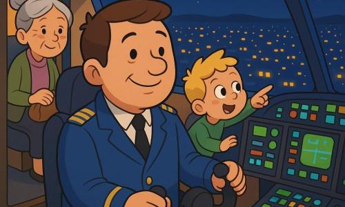 Een vriendelijke mannelijke piloot van rond de veertig, rond gezicht, kort bruin haar en zachte glimlach, draagt een blauwe pilotenjas met gouden epauletten en zit in de cockpit aan het stuur terwijl hij naar buiten naar de verlichte stad kijkt; naast hem een vrouwelijke co-piloot van circa dertig met zwarte staart en geconcentreerde, vriendelijke blik controleert de instrumenten; achter de piloot een verbaasd blond jongetje van ongeveer vier drukt zijn neus tegen het raam en wijst naar de lichten; in de passagierscabine, zichtbaar door de open deur, zit een geruststellend lachende grootmoeder van rond zeventig met grijs haar in een knot en een tasje op schoot; het is nacht, de cockpitverlichting is warm en de instrumenten tonen groene, blauwe en rode lampjes terwijl de ramen de stad beneden met gele en oranje puntjes tonen; scène: kalm moment na het opstijgen, de piloot spreekt zacht via de microfoon, de co-piloot controleert, de jongen kijkt vol verwondering, de grootmoeder ademt gerust; compositie gecentreerd op de piloot, lichte vogelvlucht, zachte kleuren, ronde vormen, kinderlijke stijl met duidelijke lijnen en zwarte contouren.