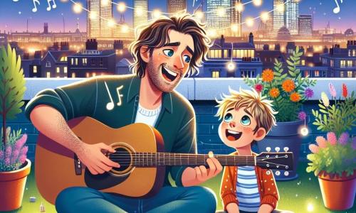 A man named Oliver Starling, in his thirties with slightly wavy brown hair and a three-day beard, sits on a green rooftop with his guitar in hand. He has a warm smile and sparkling eyes full of passion, singing enthusiastically, surrounded by floating musical notes. Next to him, a boy named Max, about 10 years old with messy blonde hair and bright eyes, sits cross-legged, listening attentively to Oliver. He has a wide smile, captivated by the magic of music. The lively rooftop is decorated with colorful flower pots and twinkling fairy lights, offering a stunning view of London, where the building lights begin to fade as the sun rises on the horizon. The main scene shows Oliver and Max creating a song together, their faces lit up with inspiration, while stars twinkle above them in a night sky that is starting to brighten.