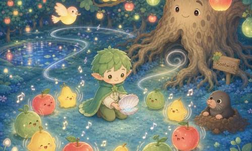 A small elf boy named Lio with a round smiling face and hair of tender green leaves, wearing a clover-tied cape, kneels gently holding a tiny shell with a silver breeze; the enormous benevolent tree Rootwise, its bark spotted like owl feathers and coiled roots forming a cavity that exhales a thin swirl of air, bends a branch over him; a curious little mole with round eyes and fine whiskers emerges from a nearby mound, amazed; two pink-and-yellow glowing lantern-birds float in the background above luminous fruits; the scene is a circular night orchard with blue moss, hanging glowing fruits (red apple-lanterns, yellow star-pears, green bell-melons), floating moth-lamps and a small shimmering pond; Lio places the captured breeze at the center of a ring of fruits, which vibrate and emit luminous music as a thin wind, shown by silver curved lines, begins to flow; palette: soft pastels (mint, pale pink, cream yellow), warm fruit glows, minimal shadows, clean contours and rounded shapes.