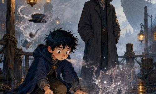 The main character is a young wizard named Finn, round-faced with freckles and messy hair, initially anxious then serene, kneeling on wet dock planks as he draws a glowing white chalk line like moonlight closing an incomplete circle; a secondary character, Bram, a discreet middle-aged mentor in a long dark gray coat, stands slightly behind to Finn's right with hands hidden and a calm, guiding gaze; another secondary presence is suggested by an invisible sailor—only a floating hat and a laugh, with nearby objects trembling—near a railing in the background; a fear-being appears as a small gray mist-cat with bright eyes and vapor whiskers that rubs the chalk's edge then dissolves into sparkling dust when Finn exhales; the setting is Greywharf harbor with varnished planks, damp ropes, suspended lanterns casting warm yellow light, thick fog curling into silver swirls and a ghostly gangplank floating in the mist; the scene shows Finn finishing the chalk circle with a hand that steadies, breathing calmly as the mist-creature fades and the lantern light warms the foggy night.