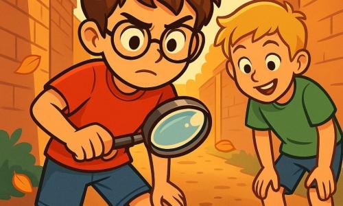 An eleven-year-old boy, Alex, with messy brown hair and round glasses, stands in the center of the image, looking determined and curious. He wears a red t-shirt and blue shorts, holding a magnifying glass in his right hand, intently examining the ground. Next to him, his friend Max, also a boy his age with blonde hair and an enthusiastic smile, wears a green t-shirt and is closely observing a footprint on the ground, leaning slightly forward. In the background, a narrow alley lined with tall brick walls is visible, with autumn leaves gently falling from the trees. The ground is covered in loose dirt, and golden sunlight from the setting sun illuminates the scene, creating a mysterious atmosphere. The main situation shows Alex and Max investigating a strange footprint on the ground, surrounded by an atmosphere of excitement and mystery, ready to solve the theft of their neighbor's rosebush.