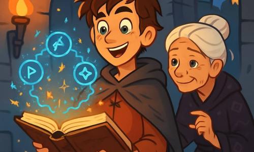A young man named Aldric, about 20 years old, stands at the center of the scene. He has messy brown hair, sparkling green eyes filled with curiosity, and wears a long, worn gray wool cloak. His face shows a mix of determination and excitement as he holds an ancient tome open in front of him, glowing runes illuminating his face. Beside him, an elderly woman, likely around 70, stands slightly hunched, with white hair in a bun and a wise gaze. She wears a dark robe adorned with mysterious patterns and murmurs incantations while observing the runes. The setting is a ruined abbey with gray stone walls, flickering torches casting dancing shadows, and broken stained glass letting in shards of light. The atmosphere is charged with magic, with sparks of shimmering energy floating in the air. The main scene shows Aldric casting an ancient spell, the runes glowing around him, while the old woman encourages him with a kind smile, creating an ambiance of mystery and adventure.