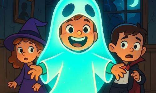 An 8-year-old boy, Tommy, is at the center of the image, wearing a glowing ghost costume that shines in the dark. His face is filled with excitement and boldness, with sparkling eyes and a wide smile. Next to him are two of his friends: an 8-year-old girl, Sarah, with curly hair and a purple witch costume, looking around with curiosity, and a 9-year-old boy, Lucas, dressed as a vampire, who appears a bit nervous with wide eyes. The scene takes place inside an old abandoned house, with worn wooden walls, cobwebs hanging in the corners, and dusty paintings on the walls. Moonlight filters through a broken window, creating a mysterious and slightly spooky atmosphere. In this main situation, Tommy, in his shining ghost costume, takes the lead, ready to explore the mysteries of the haunted house, while his friends follow him, intrigued and a bit anxious, ready for an unforgettable adventure.