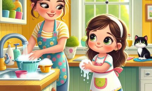 Uma menina de 4 anos, Sofia, com longos cabelos castanhos e olhos brilhantes, está em pé em um pequeno banquinho em uma cozinha iluminada. Ela sorri entusiasmada, com as mãos mergulhadas em água com sabão, lavando pratos. Ao lado dela, sua mãe, uma mulher de cerca de trinta anos com cabelos castanhos presos em um coque, sorri ternamente ao olhar para a filha. Ela usa um avental colorido e segura uma esponja em uma mão, pronta para ajudar Sofia. A cozinha é acolhedora, com paredes amarelas ensolaradas, janelas que deixam entrar a luz do dia e plantas verdes na janela. Um gato, Bolinha, um pequeno gato preto com olhos verdes brilhantes, está sentado na bancada, observando a cena com curiosidade, com a cauda enrolada em suas patas. Sofia, cheia de alegria, espirra água rindo, enquanto sua mãe, divertida, se prepara para secar os pratos. É um momento de cumplicidade e felicidade compartilhada entre mãe e filha, celebrando o dia especial do Dia das Mães.