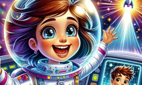O astronaută zâmbitoare, Elena, se află în centrul imaginii, purtând un costum spațial alb strălucitor cu detalii colorate. Părul ei brun plutește ușor în imponderabilitate, iar ochii ei strălucesc de emoție în timp ce dansează vesel printre stele. Lângă ea, un băiat pe nume Luca, de aproximativ 10 ani, este reprezentat pe un ecran de comunicare. Are părul castaniu în dezordine și poartă un tricou albastru cu modele de rachete. Zâmbește cu uimire, cu ochii mari, ascultând poveștile Elenei. Fundalul este un vast spațiu cosmic, plin de planete colorate, stele scintilante și o cometă strălucitoare care traversează cerul. Nava spațială a Elenei este vizibilă în fundal, cu lumini intermitente și feronerie transparentă, adăugând o notă futuristă scenei. Situația principală o arată pe Elena împărtășind aventurile sale spațiale cu Luca, în timp ce plutește vesel în spațiu, creând o atmosferă de descoperire și uimire.