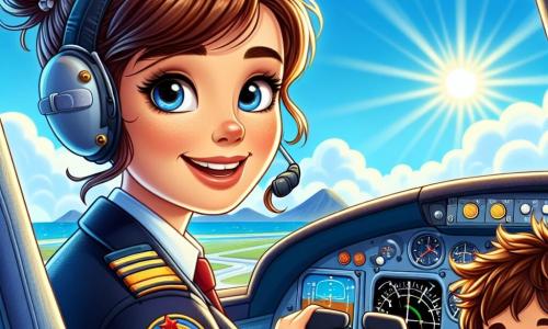 Al centro dell'immagine, una pilota sorridente, Laura, è seduta nel cockpit di un aereo. Ha i capelli castani raccolti in un chignon, indossa una tuta da pilota blu scuro con distintivi dorati, e il suo viso esprime determinazione e gioia. I suoi occhi brillano di eccitazione mentre guarda attraverso il parabrezza, osservando il cielo sereno davanti a lei. Accanto a lei, un giovane ragazzo di nome Luca, di circa 10 anni, è seduto nel sedile del passeggero. Ha i capelli castani disordinati, indossa una maglietta rossa e un piccolo casco da pilota. Il suo viso è illuminato dallo stupore mentre osserva Laura con ammirazione. Il cockpit è pieno di strumenti colorati, pulsanti e luci lampeggianti, mentre all'esterno si estende un cielo blu brillante, punteggiato da alcune nuvole bianche e soffici. Sullo sfondo, si possono vedere montagne maestose e un sole radioso che illumina la scena. Laura e Luca sono pronti a decollare, con Laura che regola i comandi dell'aereo, mentre Luca, con gli occhi spalancati, si aggrappa al suo sedile, impaziente di vivere questa avventura nei cieli.