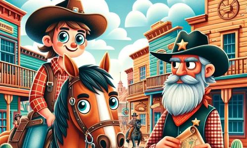 Nieustraszona cowgirl, Lena, dumnie stoi na swoim koniu Błyskawica, z szerokim uśmiechem i błyszczącymi oczami pełnymi ekscytacji. Ma lekko przechylony kapelusz kowbojski, czerwoną koszulę w kratę i znoszone skórzane dżinsy. Obok niej stoi stary brodaty szeryf, około 60-letni, z czarnym kapeluszem i błyszczącą gwiazdą na piersi, który poważnie pokazuje jej starą mapę. Tło stanowi ruchliwa ulica małej wioski na Dzikim Zachodzie, z drewnianymi budynkami w ciepłych kolorach, saloonami z wahadłowymi drzwiami i kaktusami rosnącymi tu i tam. Niebo jest niebieskie i słoneczne, z puszystymi białymi chmurami delikatnie unoszącymi się. Lena, pełna entuzjazmu, uważnie słucha szeryfa, gotowa wyruszyć na przygodę w poszukiwaniu tajemniczej mapy prowadzącej do legendarnej doliny skarbów.