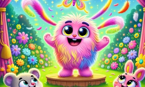 Wobblefluff, an adorable plush character with fluffy pink fur, bulging eyes, and a rainbow spaghetti-shaped tail, is on stage with arms raised in victory, a big smile expressing joy and excitement. Next to him, Flutterwhirl, a beautiful colorful butterfly with sparkling wings, flies in circles around him, displaying a radiant smile and sparkling eyes of encouragement. Squeaker, a wise little gray mouse with large ears, enthusiastically applauds from the edge of the stage, his eyes shining with pride. The setting is an enchanted meadow filled with colorful flowers and twinkling lights, where creatures of all kinds gather to enjoy the show, creating a festive and joyful atmosphere. The main scene shows Wobblefluff performing hilariously, dancing and telling a story while swaying comically, with feathers and confetti floating around him, as the audience bursts into laughter and applause, creating an atmosphere of happiness and magic.