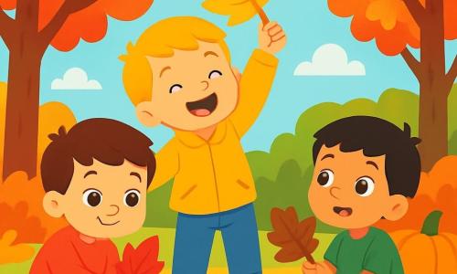 Há 3 personagens: Tomás, um menino de 3 anos com cabelos castanhos e olhos brilhantes, vestindo um suéter vermelho e calças azuis, agachado segurando uma folha vermelha; Lucas, um menino de 3 anos com cabelos loiros e um grande sorriso, usando uma jaqueta amarela e jeans, em pé levantando uma folha amarela acima da cabeça; João, um menino de 3 anos com cabelos negros e olhos curiosos, vestido com uma camiseta verde e shorts, sentado no chão segurando uma folha marrom e olhando seus amigos com admiração. O cenário é um jardim de outono, cheio de árvores com folhas vibrantes em vermelho, laranja e amarelo, e o chão coberto de folhas secas formando um tapete colorido. Ao fundo, há uma grande abóbora laranja brilhando sob o sol de outono. A cena principal mostra os três amigos coletando folhas coloridas, rindo e se divertindo juntos, rodeados pela beleza da natureza outonal.