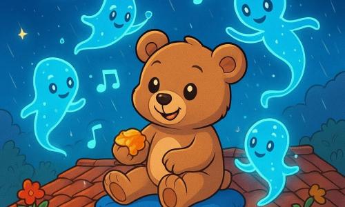 Bardo, een zachte, ronde teddybeer met lichtbruin vacht en nieuwsgierige, sprankelende ogen, zit op het dak van een school. Hij glimlacht vrolijk, met zijn grote poten op een gymkussen, terwijl hij naar een groep Glimmers kijkt, etherische en lichtgevende wezens die om hem heen zweven. De Glimmers, met hun doorschijnende en glinsterende lichamen, hebben heldere ogen en ondeugende glimlachen. Een van hen, iets groter, danst vrolijk om Bardo heen, terwijl een andere, kleiner, aandachtig naar een stuk honing kijkt dat Bardo in zijn poot houdt. Het dak is een magische plek, met terracotta dakpannen, kleurrijke bloempotten en een helder uitzicht op een sterrenhemel, waar de maan zachtjes straalt. Fonkelende sterren hangen als diamanten in de duisternis, en een lichte bries laat de bladeren van de planten dansen. De belangrijkste situatie toont Bardo en de Glimmers die samen een vrolijk moment delen, terwijl ze melodieën creëren met lichtnoten, terwijl de regen zachtjes begint te vallen en een vleugje magie aan hun ontmoeting toevoegt.