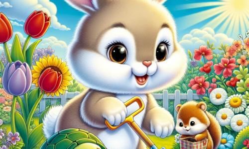 A little rabbit named Benny, with soft, fluffy beige fur and large, curious eyes, joyfully hops in a colorful garden, holding a small shovel in his front paws. He has a big smile on his face, showing his enthusiasm for helping nature. Next to him, a wise turtle named Lily, with a green shell and clever eyes, leans down to water newly planted flowers, displaying a proud expression as she sees the garden thrive. Further away, a mischievous squirrel named Tommy, with red fur and a bushy tail, picks up litter with a small bag, smiling at Benny and Lily. The garden is filled with colorful flowers, red tulips, white daisies, and yellow sunflowers, under a clear blue sky dotted with fluffy clouds. Sun rays illuminate the scene, creating a joyful and welcoming atmosphere. The main situation shows Benny and his friends working together to plant flowers and clean their garden, celebrating their commitment to caring for nature with laughter and smiles.