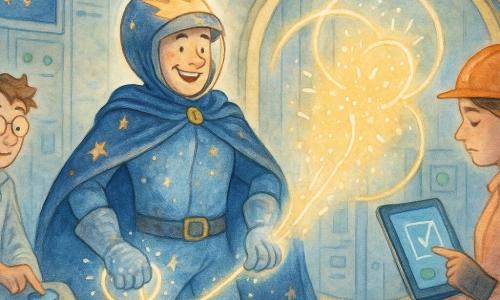 A hero in a starry blue cape with a meteor-shaped helmet and clear visor revealing a weary smile, glowing silver gloves pulsing with energy, stands breathless before a glowing access port channeling an unstable light; a young man (18–25), Doctor Dither, in a crumpled silver coat with goggles on his forehead looks guilty then relieved as he timidly presses a big blue button beside the hero; an adult female engineer in an orange helmet concentrates on a tablet to close a virtual valve; the hospital control room has glass walls, matte gray panels with colored buttons, thick blue and gold cables and a central metal ring emitting a halo; screens show playful pixels forming a dancing chicken, red lights turning green, and a night city with an arrow to the 