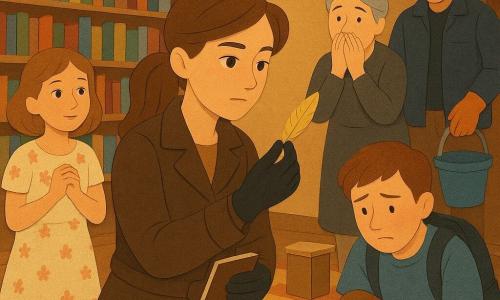 Lina, jugendliche Detektivin, konzentriertes, sanftes Gesicht, lebhafte Augen, kastanienbraunes Pferdeschwanzhaar, trägt ein kleines Notizbuch und Gummihandschuhe, hält behutsam eine kleine goldene Feder zwischen zwei Fingern; links von ihr wartet die etwa 12-jährige Mira in einem einfachen, geblümten Kleid, erleichtert, die Hände vor sich gefaltet, Blick zur Feder gerichtet; nahebei hockt der etwa 13-jährige Jonas errötend und beschämt in blauem T‑Shirt mit abgenutztem Rucksack neben einem halb geöffneten silbernen Stoffbeutel; Frau Bender, älter, graue Hochsteckfrisur, Hände vor dem Mund, steht überrascht neben einem kleinen leeren Sockel; Timo, kräftiger Erwachsener in Arbeitsjacke, steht im Hintergrund mit Reinigungshandschuhen und Eimer; Ort: warme Kinderabteilung einer Bibliothek mit bunten, niedrigen Holzregalen, rundem Sternenteppich, Bastelboxen, verstreuten Glitzerresten und einem großen schwarzen Müllsack neben Kartons; Hauptsituation: ruhige Enthüllung einer goldenen Feder, die in einem Bastelsack versteckt war, alle blicken zur Feder, Stimmung von Wiedergutmachung und Vergebung, warme Farben und papierartige Texturen.