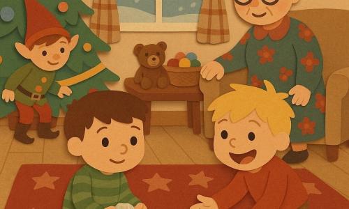 Cuatro personajes: Nico (niño de 4 años, pelo castaño corto, ojos redondos, suéter verde a rayas) sentado a la izquierda sujetando una pequeña bola de papel; Dani (niño de 4 años, pelo rubio alborotado, sonrisa amplia, suéter rojo) sentado a la derecha con las manos abiertas hacia la bola que rueda; la abuela (unos 65 años, pelo gris en moño, gafas redondas, vestido de flores) de pie detrás junto al sofá con la mano en el respaldo; un duende travieso de Navidad (gorro rojo puntiagudo, chaqueta verde, botas brillantes) en una silla detrás del árbol inclinado como si la hubiera empujado. Escena: salón navideño cálido con suelo de madera, gran alfombra roja con estrellas, árbol decorado a la izquierda, ventana con escarcha y cortinas a cuadros, mesa baja con un osito y un cesto de adornos. La bola de papel rueda entre Nico y Dani; los niños ríen; la abuela sonríe; el duende mira desde la silla. Estilo muy gráfico, colores planos y contrastados, bordes recortados visibles y textura de papel arrugado en la bola.