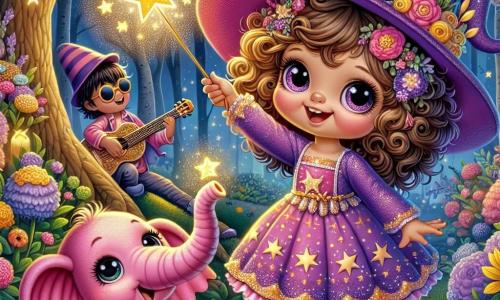 Luzia, una aprendiz de bruja de cinco años, está en el centro de la imagen, con grandes ojos llenos de curiosidad y cabello rizado, vistiendo un vestido violeta adornado con estrellas doradas. Agita alegremente su varita mágica, rodeada de un resplandor brillante, con una sonrisa radiante en su rostro. A su lado, Bombo, un elefante rosa con grandes orejas, está sentado en el suelo, mirando a Luzia con un aire hambriento y divertido, su trompa en alto como si esperara un caramelo. Un poco más lejos, un pequeño conejo rockero con gafas de sol y una guitarra canta alegremente, añadiendo un toque musical a la escena. La escena se desarrolla en un jardín encantado, lleno de flores coloridas que bailan al ritmo de la música, con árboles de hojas brillantes y globos de luz flotantes que iluminan la atmósfera mágica. Luzia, con su varita, intenta hacer aparecer un pastel de cumpleaños gigante, pero en su lugar aparece un elefante rosa, provocando risas y sorpresas, creando un ambiente alegre y encantador.