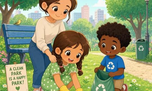 Bambina di 6 anni sorridente e meravigliata, capelli castani in due piccole trecce, vestito verde a pois bianchi, accovacciata con guanti gialli mentre raccoglie una bottiglia di plastica; dietro di lei la madre di circa 32 anni, viso dolce, capelli raccolti a chignon, mano sulla sua spalla, la guarda con orgoglio; un ragazzo di 7 anni dai capelli neri ricci, maglietta blu, tiene una piccola borsa per il riciclo aperta accanto a loro, sorridendo e aiutando; luogo: piccolo parco urbano al mattino con prato verde e margherite, panchina di legno azzurra, sentiero ghiaioso e alcuni alberi; atmosfera luminosa e ottimista, colori pastello, composizione semplice.