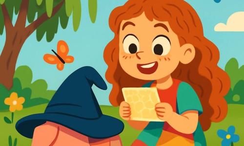 An 8-year-old girl, Lila, with long curly hair and freckles, gazes with wide eyes and a delighted smile. She wears a slightly wrinkled colorful dress and is sitting on the green grass, holding a small piece of sparkling paper, looking at Snort, her pig friend. Snort, a pink pig with big ears, wears an oversized wizard hat that slips over his eyes, appearing curious as he sniffs the ground. He is right next to Lila, ready to join her on an adventure. The setting is a sunny garden filled with colorful flowers, with an old weeping willow in the background, its drooping branches creating a soft shadow. Butterflies flutter around, adding a touch of magic to the atmosphere. The main scene shows Lila and Snort discovering a sparkling map that fell from the sky, with bright paths leading to mysterious places. Lila, excited and a bit mischievous, wonders what adventure awaits them, while Snort seems ready to dive into the unknown.