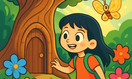 Lía, una niña de diez años, se encuentra en el centro de la escena, con cabello negro como la noche y ojos brillantes como luciérnagas. Tiene una sonrisa maravillada en su rostro, con mejillas ligeramente sonrojadas, mientras descubre un jardín mágico lleno de flores cantantes y colores vibrantes. A su lado, una pequeña mariposa de alas doradas vuela alegremente, iluminando el aire con su luz centelleante. Al fondo, un gran árbol con raíces nudosas y un tronco majestuoso, con una puerta de madera tallada, se erige orgullosamente. Flores multicolores bailan a su alrededor, mientras rayos de sol filtran a través del follaje, creando una atmósfera mágica. La escena principal muestra a Lía, maravillada, acercándose a la puerta mágica en el tronco del árbol, lista para entrar en un mundo lleno de maravillas.