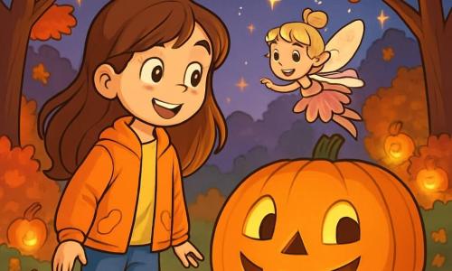 Dziewczynka w wieku 10 lat, Zosia, z długimi kasztanowymi włosami i oczami pełnymi ciekawości, stoi na skraju magicznej polany, z zachwytem na twarzy. Ma na sobie ładną pomarańczową kurtkę jesienną i dżinsy, a z fascynacją patrzy na dużą uśmiechniętą dynię obok siebie. W pobliżu mała wróżka o imieniu Lila, z błyszczącymi skrzydłami i sukienką z płatków kwiatów, radośnie lata wokół Zosi, jej oczy błyszczą figlarnie. Wróżka wydaje się zachęcać Zosię do wejścia na zaczarowaną polanę. Miejsce to jesienna las, z drzewami o złotych i czerwonych liściach oraz podłożem pokrytym chrupiącymi liśćmi. W centrum znajduje się polana skąpana w miękkim świetle, wypełniona dużymi dyniami o radosnych twarzach, oświetlonymi migoczącymi latarniami. Główna sytuacja pokazuje Zosię i Lilę stojące przed ogromną dynią, gotową do opowiedzenia swojej historii, podczas gdy gwiazdy zaczynają świecić na zmierzchowym niebie, tworząc magiczną i ciepłą atmosferę.