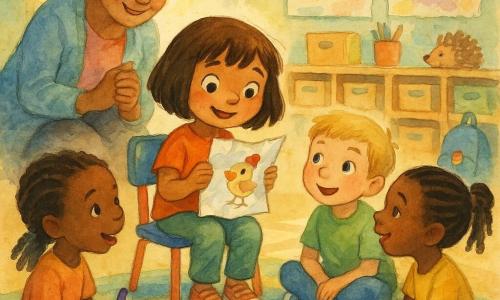A 6-year-old girl, Maya, shy but proud, rosy-faced with big bright eyes and chin-length brown hair, sits on a small colorful chair holding a crumpled drawing of a little bird wearing a red hat; Ms. Carter, the teacher in her fifties with tied gray curly hair and a gentle smile, crouches behind her to the left with encouraging hands; a 6-year-old boy, Leo, with short blond hair, sits cross-legged on the rug to Maya’s right, curious and enthusiastic, while another 6-year-old girl, Nina, with braided black hair and an attentive smile, sits near him holding a purple crayon and leaning forward; the bright classroom has a geometric-patterned rug, wooden cubbies with labels, children’s paintings on the wall, a hedgehog pencil cup on a table and a blue backpack with a rainbow clasp on a hook; it’s a warm, attentive morning sharing moment with soft square morning light on the floor and vivid watercolor touches and controlled splatters around the characters to convey movement and tenderness.