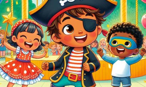 Um menino de 4 anos, Lucas, com cabelo castanho bagunçado e olhos brilhantes de alegria, veste um traje de pirata colorido com um chapéu preto decorado com um crânio. Ele dança entusiasticamente no meio de um parque, com um grande sorriso iluminando seu rosto. Ao seu lado, uma menina de 5 anos, vestida com um vestido vermelho de bolinhas brancas, pula de alegria segurando uma estrela dourada. Um menino de 6 anos, com uma máscara de super-herói e uma camiseta azul, aplaude rindo, com os olhos brilhando de excitação. O parque está decorado com balões coloridos, guirlandas cintilantes e um carrossel girando ao fundo, criando uma atmosfera festiva e alegre. A cena mostra Lucas e seus amigos em uma caça às estrelas, rindo e dançando juntos, cheios de energia e felicidade, enquanto descobrem as maravilhas do carnaval.