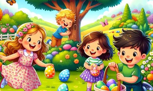 In a sunny garden, four friends are gathered for an Easter egg hunt. Lucy (8 years old) has long brown hair and wears a pink dress with flowers, jumping for joy while holding a pink basket filled with colorful eggs. Max (7 years old) has messy blond hair and wears a yellow t-shirt with a sun design, crouching down to examine a shiny egg hidden behind a bush. Mia (8 years old) has chestnut hair and wears a purple skirt with a polka dot t-shirt, smiling while holding a star-decorated egg, standing near a large tree. Leo (7 years old) has black hair and wears blue shorts with a green t-shirt, pointing at a colorful butterfly flying nearby while standing on the grass. The garden is filled with vibrant flowers, fluttering butterflies, and a large oak tree in the center, under which a treasure chest is hidden. The friends laugh and have fun searching for colorful eggs hidden in the bushes and flowers, creating a joyful and festive atmosphere.