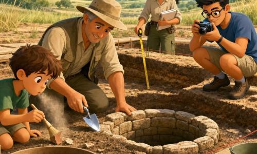 A smiling, focused archaeologist kneels—short gray hair, sun‑tanned fair skin, beige canvas hat, khaki rolled‑sleeve shirt and pocketed vest—holding a small shiny trowel; a curious ~10‑year‑old boy with messy brown hair stands left near the pit edge, gently brushing and blowing dust from a pottery shard with a soft brush; a ~12‑year‑old girl with black hair in a ponytail stands slightly behind, attentive and cheerful, measuring with a yellow tape and writing in a notebook; a ~20‑year‑old assistant in bermuda shorts and glasses crouches right photographing the scene with a small camera; the open‑field dig shows sandy, stratified soil, red ropes marking a square, wooden planks, and a half‑exposed circular stone well at center with pottery fragments on a sieve, tall grasses and gentle hills under a pale blue sky—the team carefully uncovers an ancient well in calm, studious atmosphere with warm morning light.