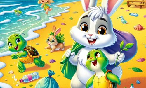 Tobías, un pequeño conejo blanco con orejas grises, es alegre y decidido, llevando un pequeño sombrero de hojas verdes. Está recogiendo basura en la playa, con una gran sonrisa en su rostro. A su lado, Rita, una tortuga verde con un caparazón colorido, observa con admiración, sus ojos brillando de orgullo, sosteniendo una pequeña planta que acaba de plantar en la arena. Nico, un pequeño ratón marrón con ojos traviesos, corre alrededor de ellos, riendo y sosteniendo una botella de plástico con sus patas. La escena transcurre en una playa soleada, con dunas de arena dorada, olas brillantes y conchas coloridas esparcidas por la orilla. El cielo es azul con algunas nubes blancas y esponjosas. Tobías y sus amigos están en plena acción, rodeados de bolsas de basura coloridas, mostrando su compromiso de proteger la naturaleza y hacer la playa más hermosa.