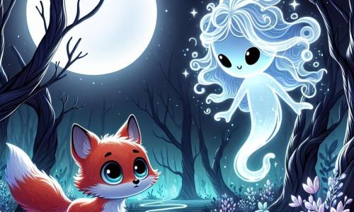 Un pequeño zorro de pelaje rojo brillante, con grandes ojos brillantes de curiosidad y un aire decidido, se encuentra en el centro de un claro de luna misterioso. Observa a su alrededor, listo para enfrentar sus miedos, mientras sombras inquietantes bailan a su alrededor, creando una atmósfera mágica y ligeramente aterradora. Cerca, una silueta luminosa, que representa un espíritu del agua, flota con gracia. Tiene un aspecto etéreo, con cabellos ondulados que brillan como gotas de agua, y una sonrisa alentadora. Observa al zorro con benevolencia, lista para ayudarlo en su aventura. El claro de luna está bañado en una luz plateada, rodeado de árboles de troncos nudosos y flores luminescentes que parecen vibrar al ritmo de la magia. Estrellas brillan en el cielo nocturno, añadiendo un toque de misterio a la escena. La situación principal muestra al pequeño zorro, valiente pero ligeramente inquieto, preparándose para enfrentar las sombras que representan sus miedos, mientras el espíritu del agua lo anima a avanzar en este jardín encantado, donde los sueños y los temores se entrelazan.