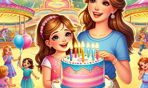 No centro da imagem, uma menina de 6 anos, Ana, com longos cabelos castanhos e olhos brilhantes de alegria, sorri amplamente segurando um grande bolo de aniversário decorado com velas coloridas. Ela usa um vestido rosa com padrões de flores e sapatilhas brancas, e seu rosto irradia excitação e felicidade. Ao lado dela, sua mãe, uma mulher de cerca de 30 anos, com cabelos castanhos presos em um coque e um sorriso caloroso, segura um prato com pedaços de bolo. Ela veste uma camiseta azul e calças bege, olhando para Ana com orgulho e amor. Ao fundo, um parque de diversões colorido, cheio de brinquedos brilhantes, balões flutuantes e crianças brincando. Árvores verdes cercam a cena, e o céu é de um azul vibrante com algumas nuvens brancas. A situação principal mostra Ana, cercada de novos amigos, cantando 