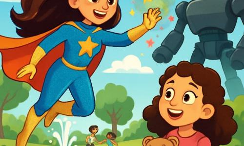 Uma super-heroína, Estrela Brilhante, é uma mulher com cabelos longos e brilhantes, vestida com um traje cintilante azul e dourado. Ela tem um sorriso confiante e olhos cheios de determinação, flutuando no ar com graça. Ao seu lado, uma menina de cerca de 8 anos, com cabelos cacheados e uma camiseta rosa, a observa com admiração, os olhos arregalados de espanto. Ela segura um pequeno urso de pelúcia nos braços, perto de uma fonte colorida em um parque ensolarado. O parque está cheio de flores vibrantes, grandes árvores com folhas verdes e um céu azul salpicado de nuvens brancas. Ao fundo, crianças brincam alegremente, enquanto um grande robô metálico e ameaçador se mantém à distância, criando uma sombra no chão. A super-heroína está criando luzes coloridas com as mãos para distrair o robô, enquanto a menina a incentiva com entusiasmo.