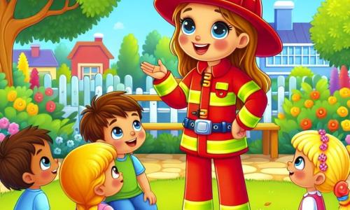 Eine lächelnde Feuerwehrfrau mit einem glänzenden roten Helm und einem gelben Anzug steht stolz auf einem grünen Rasen. Ihre Augen funkeln vor Freude und Stolz, während sie mit einer Gruppe von Kindern spricht. Max, ein 7-jähriger Junge mit braunen Haaren und neugierigen Augen, hebt die Hand, um eine Frage zu stellen, während Lisa, ein 6-jähriges Mädchen mit blonden Zöpfen, aufmerksam zuhört. Emma, ein 5-jähriges Mädchen in einem rosa Kleid, steht neben Max mit verschränkten Armen und ist fasziniert von Annas Geschichte. Die Szene spielt in einem sonnigen Park mit leuchtend grünen Bäumen und bunten Blumen entlang des Weges. Eine Holzbank ist hinter ihnen sichtbar, und ein klarer blauer Himmel mit einigen weißen Wolken schwebt darüber. Anna, die Feuerwehrfrau, erklärt begeistert ihren Job, umgeben von den bewundernden Kindern. Die Sonnenstrahlen erhellen ihre fröhlichen Gesichter und schaffen eine warme, freundliche Atmosphäre.