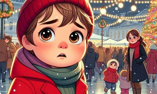 Un băiețel de 2 ani, cu părul castaniu deschis și ochi mari și albaștri, se uită în jur cu o expresie de îngrijorare pe față. Poartă o haină roșie aprinsă și o căciulă tricotată, stând în mijlocul unei mulțimi agitate. Mama lui, o femeie de aproximativ 30 de ani, cu părul brun prins în coc și un zâmbet călduros, se află puțin mai departe, căutându-și fiul cu o expresie de îngrijorare amestecată cu dragoste. Ea poartă o haină neagră și o eșarfă colorată. Scena se desfășoară într-o splendidă piață de Crăciun, iluminată de ghirlande strălucitoare și decorată cu un brad de Crăciun mare, plin de globuri colorate și lumini strălucitoare. Fulgi de zăpadă cad ușor, adăugând o notă magică atmosferei. Băiețelul, realizând că și-a pierdut mama, începe să caute în jur, strigându-i numele cu o voce blândă și tremurândă, în timp ce mulțimea continuă să treacă, creând un contrast între îngrijorarea lui și bucuria festivă din jur.
