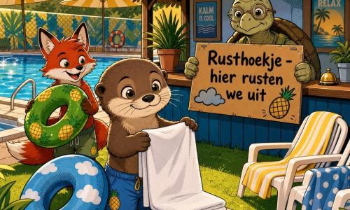 Milo, een kinderachtige otter met zacht bruin pelsje, ronde snuit en grote hazelnootogen, glimlacht terwijl hij een kraakheldere witte handdoek opvouwt; een blauwe zwemring met wolkenmotief ligt naast hem. Finn, een klein rood vosje met puntige oren en nieuwsgierige blik, lacht licht en houdt een grote groene ananaszwemring, iets achter Milo staand. Een oude brildragende schildpad zit achter een gestileerde receptiebalie en houdt een kartonnen bordje vast met de tekst Rusthoekje – hier rusten we; het bord is rechtop, versierd met een getekend wolkje en een knullige ananas, van dik karton met dikke zwarte letters. Rondom staan twee witte kunststofstoelen met handdoeken, een licht houten salontafel en een klein grasveldje omgeven door groene planten en struiken; links is een hoek van een groot glanzend blauw zwembad met fonkelende reflecties en een paar geel-witte gestreepte parasols zichtbaar. Warme namiddaglicht, zachte schaduwen, verzadigde kleuren en scherpe contouren creëren een kalme, gezellige sfeer. Dynamische compositie: personages op de voorgrond, bord in het midden, zwembad en receptie op de achtergrond, in popartstijl met effen felle kleuren en grafische motieven.