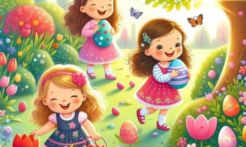 In einem sonnigen Garten sind drei fröhliche Mädchen auf Ostereiersuche. Lena, ein 8-jähriges Mädchen mit langen braunen Haaren und einem rosa Kleid, bückt sich, um ein rotes Ei neben einer Blume aufzuheben. Neben ihr hält Mia, ein 7-jähriges Mädchen mit lockigem blonden Haar, ein blaues Ei in den Händen und lächelt breit. Etwas weiter sucht Emma, ein 6-jähriges Mädchen mit kastanienbraunen Haaren und einem kleinen Zopf, unter einem Busch, ihre Augen funkeln vor Neugier. Der Garten ist voller bunter Blumen, mit roten Tulpen, gelben Narzissen und Veilchen. Ein großer grüner Baum steht in der Mitte, und Schmetterlinge fliegen umher und verleihen der Szene Magie. Im Hintergrund beobachtet ein kleiner Hase mit großen Ohren, der berühmte Osterhase, die Mädchen lachend, versteckt hinter einem Busch. Die Mädchen sind aufgeregt, suchen nach versteckten Eiern, lachen und feuern sich gegenseitig an, was eine Atmosphäre von Freude und Freundschaft schafft.