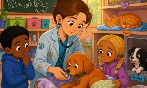 A focused, smiling female veterinarian in her thirties with fair skin and brown hair in a bun, wearing a light blue smock with a few hairs, gently holds a stethoscope to a small trembling toasted-brown dog named Juniper curled in a basket; a shy 8-year-old black-haired boy watches from the left with his hand to his mouth and a compassionate 7-year-old blonde girl on the right offers a stuffed toy and pillow. In the sunny shelter clinic with peach pastel walls and large windows, an orange cat Mango sleeps on a towel, a gray rabbit Cloud rests in a hay-filled crate, and a black-and-white puppy Pepper peeks from a kennel; the scene is warm and tender, centered on reassuring faces and hands, soft colors, rounded shapes and felt-like textures.