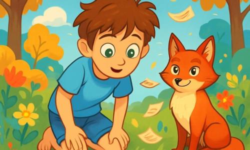 A 12-year-old boy named Eliot, with curious stormy-colored eyes and tousled hair, stands at the edge of a mirror-like lake, his face illuminated by wonder and reflection. He wears a light blue t-shirt and denim shorts, his bare feet grazing the soft grass. Beside him is a vibrant fox named Fenn, with bright red fur and eyes shining like lanterns, watching him with a wise smile, sitting on his front paws. The setting is a magical garden, where trees with golden leaves stand majestically, and colorful flowers dance in a gentle breeze. The sky is a brilliant blue, dotted with fluffy clouds lazily floating by. The main scene shows Eliot, amazed, gazing at his reflection in the lake, while lost words float around him like leaves carried by the wind. The atmosphere is filled with mystery and beauty, inviting discovery and exploration.