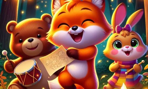 In the center of the image, a mischievous little fox named Finn, with bright orange fur and a bushy tail, jumps for joy, his sparkling eyes filled with excitement. He holds a treasure map-shaped piece of paper, sporting a big smile. To his right, Benny, a massive brown bear with a jovial expression, plays his drum, keeping the beat, his rosy cheeks betraying his enthusiasm. On the left, Lily, a small bunny with big white ears, is preparing a carrot-shaped cake, her face radiating happiness. The setting is a beautiful glade illuminated by sparkling fireflies, surrounded by majestic trees with golden leaves, under a starry sky where the stars shine brightly. The scene exudes a festive and warm atmosphere, full of magic and friendship. In the foreground, the three friends celebrate together, surrounded by colorful decorations, ready to welcome the new year with joy and camaraderie.