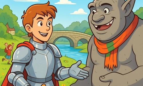 Un cavaliere coraggioso, Ser Miro, si trova al centro dell'immagine, vestito con un brillante armatura argentata che scintilla sotto il sole. Il suo viso è determinato, con occhi pieni di curiosità e un sorriso sicuro. Tiene un spada ornata di motivi floreali in una mano, mentre l'altra è tesa verso un troll amichevole, Taddeo, che si trova al suo fianco. Taddeo, un grande troll dalla pelle grigia e dal mento robusto, indossa una sciarpa colorata attorno al collo e sorride calorosamente, mostrando denti bianchi e amichevoli. Sullo sfondo, una magnifica scena di un ponte in pietra si estende sopra un fiume scintillante, circondato da vegetazione lussureggiante e fiori colorati. Il cielo è di un blu splendente, punteggiato di nuvole bianche e soffici. Dei bambini giocano gioiosamente sulla riva, mentre dei mercanti curiosi si radunano per ascoltare lo scambio tra il cavaliere e il troll. La scena principale mostra Ser Miro e Taddeo intenti a discutere amichevolmente, stabilendo un legame di fiducia, mentre storie e risate fluttuano nell'aria. I personaggi emanano un'atmosfera di cameratismo e magia, illustrando l'idea che anche le sfide più grandi possano essere superate con amicizia e comprensione.