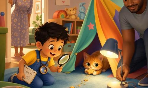 Bambino di 4 anni, gioioso e concentrato, occhi luminosi, gioca al piccolo detective con una lente di plastica e un taccuino, indossa una maglietta gialla, salopette blu e una lente finta al collo, si inginocchia vicino a una tenda di stoffa; la mamma (30–35 anni) sorride, capelli raccolti, abito semplice a fantasia, è sulla soglia con la mano sull'encadrement e uno sguardo benevolo; il papà (30–40 anni) è accovacciato vicino a una lampada accesa, maglietta grigia, sistema il cavo e osserva tranquillo; la gattina rossa Mimi ha una briciola sul muso e tiene tra le zampe una stellina di biscotto mezza mangiata, esce da sotto la tenda con aria birichina; la stanza è una cameretta accogliente con tappeto blu, tenda giochi colorata, scaffali bassi con peluche, un tavolino con una ciotola di biscotti a forma di stella e una scia di briciole che va dal salotto sotto la tenda; situazione principale: il bambino scopre Mimi con l'ultima stellina di biscotto, la lampada illumina la scena, la scia di briciole crea un percorso visivo, atmosfera calda, colori tenui e forme arrotondate, espressione di stupore e risoluzione del mistero.