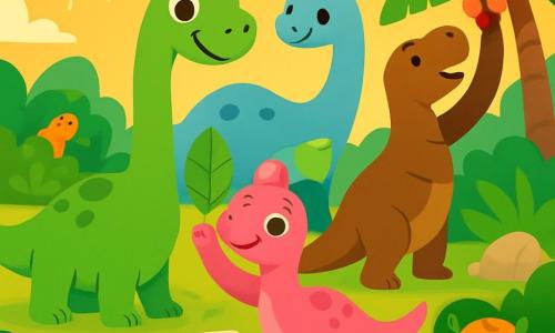 Un diplodoco di nome Dino, con un lungo collo grazioso e una pelle verde brillante, si trova felicemente in mezzo a una radura soleggiata, i suoi grandi occhi brillanti di curiosità e felicità. Accanto a lui, la sua piccola sorella Dini, un diplodoco con squame rosa, sorride con entusiasmo, alzando una zampa per toccare una foglia gigante. Sullo sfondo, la loro mamma Dina, un diplodoco dai toni delicati di blu, li osserva con tenerezza, mentre il loro papà Dodo, un robusto diplodoco marrone, si piega per raccogliere frutti succosi da un albero. Il luogo è un'isola lussureggiante, piena di grandi foglie verdi, fiori colorati e rocce dalle forme strane, illuminata dalla luce dorata del sole. La scena principale mostra Dino e la sua famiglia mentre cercano un piccolo tirannosauro di nome Teo, che si è perso, creando un'atmosfera di avventura e amicizia.