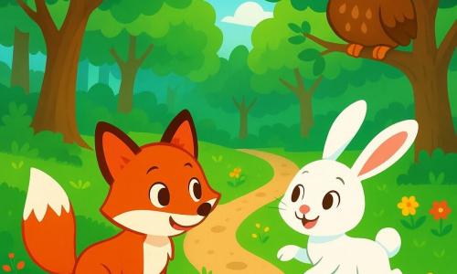 Leo, una volpe dal pelo rosso brillante e dagli occhi vivaci, è al centro dell'immagine con un'espressione curiosa e felice mentre esplora una radura nel bosco. Accanto a lui c'è Lila, una dolce lepre bianca che salta gioiosamente. Più in là, Oliver, un saggio gufo marrone, osserva la scena da un ramo. Il bosco è rigoglioso e verde, con alberi alti e fiori colorati. Leo e i suoi amici stanno scegliendo una delle tre stradine che si diramano davanti a loro, celebrando la loro diversità e amicizia.