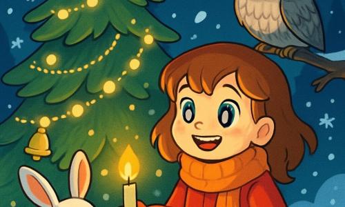 Una ragazza di 10 anni, Lucia, con capelli color caramello e occhi brillanti come stelle, si trova davanti a un enorme abete scintillante, il suo viso illuminato da un sorriso meravigliato. Indossa un cappotto rosso vivo e una sciarpa di lana morbida, con le guance arrossate dal freddo. Accanto a lei, un piccolo coniglio dalle grandi orecchie e dal pelo bianco e setoso osserva con curiosità, i suoi occhi rotondi pieni di meraviglia. Un gufo saggio, posato su un ramo, ha piume grigie e occhi dorati, guardando attentamente la scena, pronto a offrire consigli. La scena si svolge in una radura incantata, circondata da fiocchi di neve che cadono dolcemente, dove luci scintillanti danzano attorno all'abete maestoso. Il terreno è coperto da uno spesso strato di neve brillante, e campane dorate sono appese ai rami, emettendo un dolce tintinnio. Lucia, piena di entusiasmo, si prepara ad accendere una piccola candela, simbolo di calore e luce, mentre il gufo e il coniglio la incoraggiano con sguardi pieni di speranza.