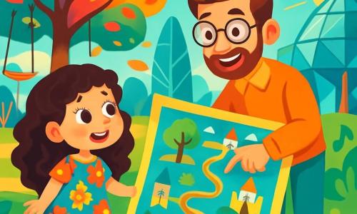 Una bambina di 6 anni, Mia, con lunghi capelli ricci e occhi pieni di curiosità, sorride meravigliata mentre guarda una enorme mappa luminosa nel parco. Indossa un vestito colorato decorato con motivi floreali e scarpe brillanti che scintillano sotto il sole. Accanto a lei, il suo insegnante, un uomo sulla trentina con occhiali rotondi e una barba morbida, indica un punto sulla mappa sorridendo, incoraggiando i bambini a esplorare. Il parco delle Scoperte è un luogo magico, pieno di strutture futuristiche in vetro e metallo, con alberi dalle foglie multicolori che fluttuano nell'aria. Altalene volanti e giardini cantanti circondano la scena, creando un'atmosfera gioiosa e vibrante. Mia, piena di eccitazione, si prepara a scegliere la sua prima avventura tra le molte attrazioni affascinanti che la circondano.