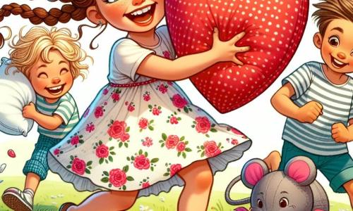 Ośmioletnia dziewczynka, Zosia, z długimi brązowymi warkoczami i błyszczącymi od radości oczami, znajduje się w centrum obrazu, głośno się śmiejąc i rzucając dużą poduszką w kształcie serca w kierunku swoich przyjaciół. Ma na sobie kolorową sukienkę w kwiaty i sandały, a jej promienny uśmiech pokazuje, jak bardzo się bawi. Po jej prawej stronie Kacper, ośmioletni chłopiec z rozczochranymi blond włosami i w koszulce w paski, chowa się za poduszką w kształcie myszy, gotowy do niespodziewanego ataku. Na jego twarzy widać figlarny uśmiech, zdradzający chęć rozbawienia przyjaciół. Po lewej stronie Maja, siedmioletnia dziewczynka z kręconymi włosami i spódnicą w kropki, zbiera poduszkę, aby ją rzucić. Ma psotny uśmiech i wygląda na pełną energii, gotową do dołączenia do bitwy. Sceneria rozgrywa się w słonecznym parku, z zielonymi drzewami w tle, kolorowymi kwiatami wzdłuż ścieżki i dużą trawą, na której rozsypane są poduszki w różnych kształtach i kolorach, świadczące o radosnej bitwie, która miała miejsce. Główna sytuacja przedstawia Zosię i jej przyjaciół w trakcie bitwy na poduszki, śmiejących się i bawiących, tworząc atmosferę przyjaźni i dziecięcej radości, z wybuchami śmiechu, które zdają się unosić w powietrzu.