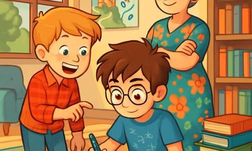 Hay 3 personajes: - Samuel: un niño de 10 años, con cabello castaño desordenado y gafas redondas. Lleva una camiseta azul con motivos matemáticos y un pantalón corto beige. Samuel está sentado en un cojín suave, rodeado de libros, con una mirada concentrada en un papel donde dibuja un plan. - Leo: un niño de 10 años, con cabello rubio y pecas. Lleva una camisa de cuadros rojos y unos jeans. Leo está de pie al lado de Samuel, sonriendo y señalando el papel, como si compartiera una idea emocionante. - La señora Carmen: una mujer de unos cincuenta años, con cabello gris recogido en un moño y gafas. Lleva un vestido colorido con motivos florales. La señora Carmen se encuentra detrás de los niños, observándolos con una sonrisa benevolente, los brazos cruzados, llena de orgullo. La escena principal se desarrolla en una biblioteca acogedora, con estanterías de madera llenas de libros de cubiertas coloridas. Grandes ventanas dejan entrar la luz del sol, iluminando rincones de lectura cómodos con cojines y alfombras. Pósters de cuentos y matemáticas decoran las paredes, creando una atmósfera cálida e inspiradora. La situación principal muestra a Samuel y Leo trabajando juntos para organizar libros. Están contando libros en grupos de cinco, rodeados de pilas de libros coloridos. Samuel, concentrado, dibuja un plan en el papel, mientras Leo, entusiasta, comparte sus ideas. La señora Carmen los observa con admiración, creando un ambiente de colaboración y descubrimiento.